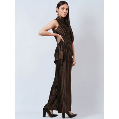 First Resort by Ramola Bachchan Brown Sleeveless Turtle Neck Box Pleated Top