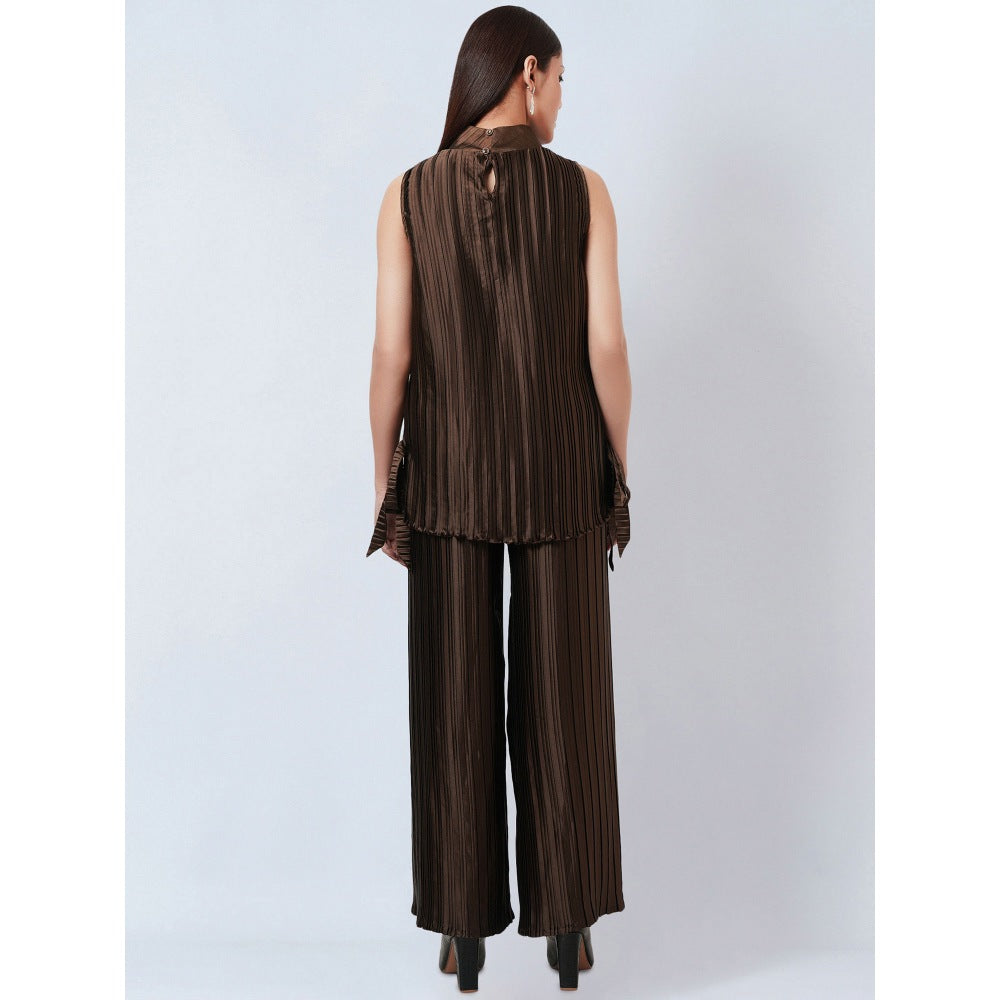 First Resort by Ramola Bachchan Brown Sleeveless Turtle Neck Box Pleated Top