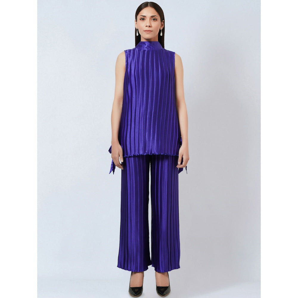 First Resort by Ramola Bachchan Purple Sleeveless Turtle Neck Box Pleated Top