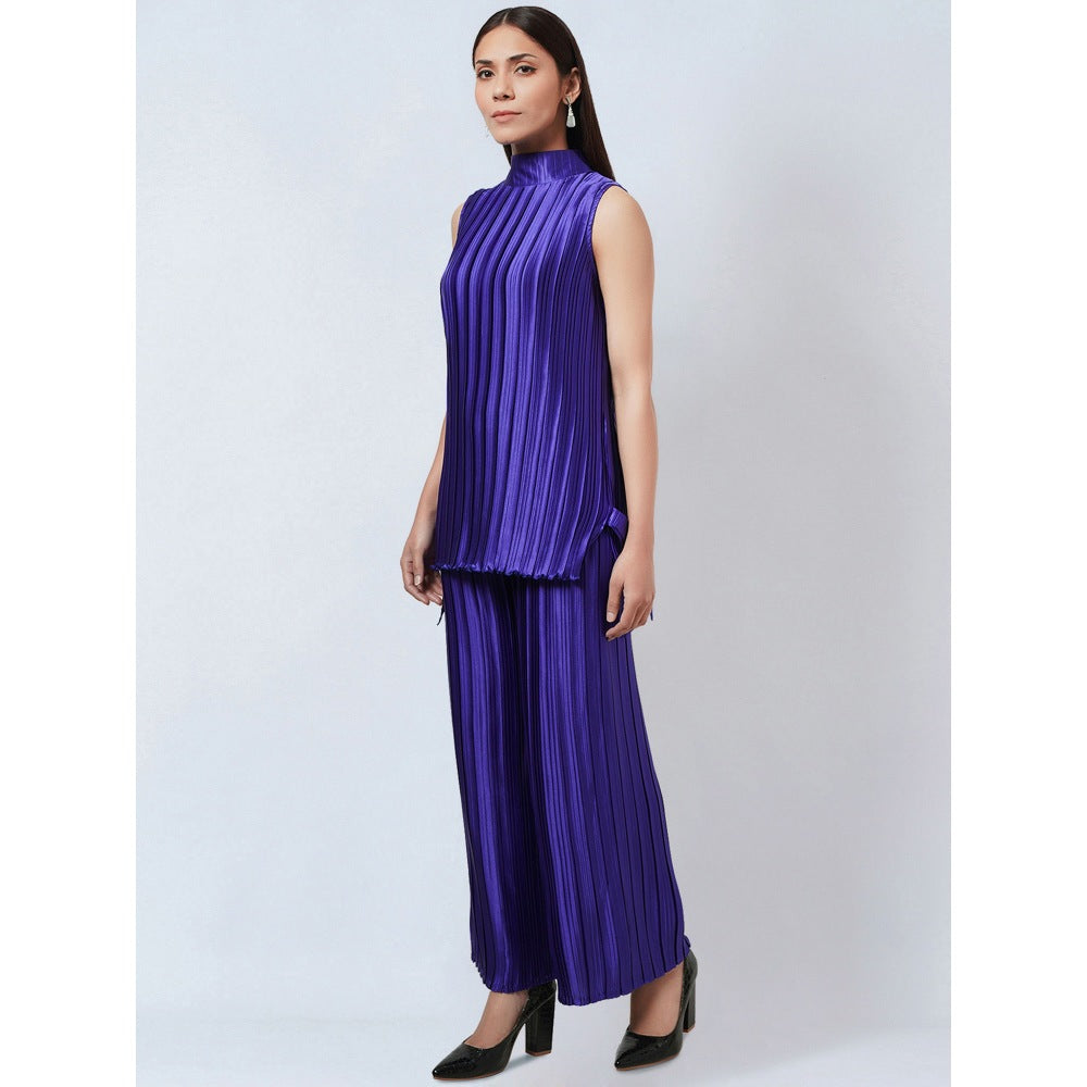 First Resort by Ramola Bachchan Purple Sleeveless Turtle Neck Box Pleated Top