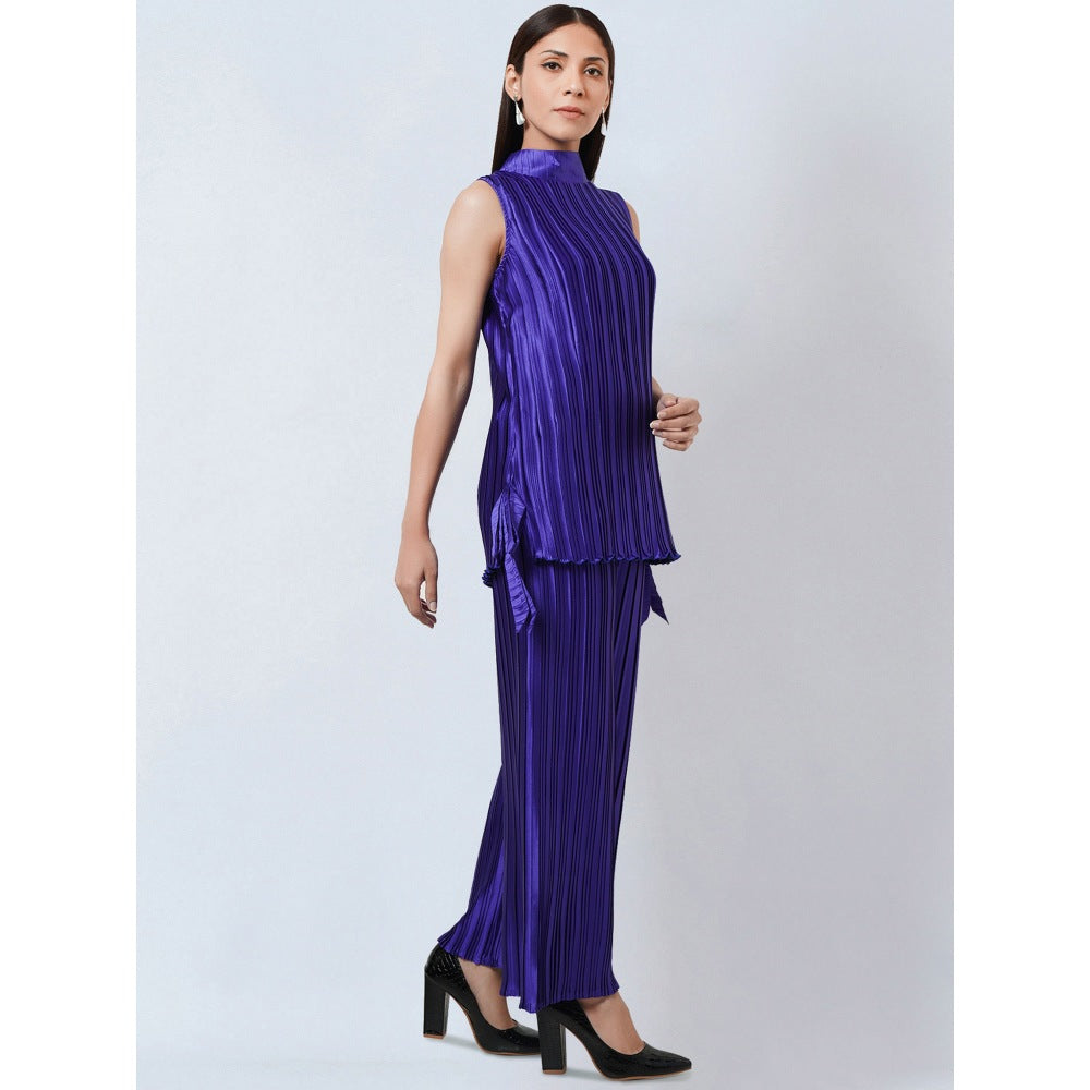 First Resort by Ramola Bachchan Purple Sleeveless Turtle Neck Box Pleated Top