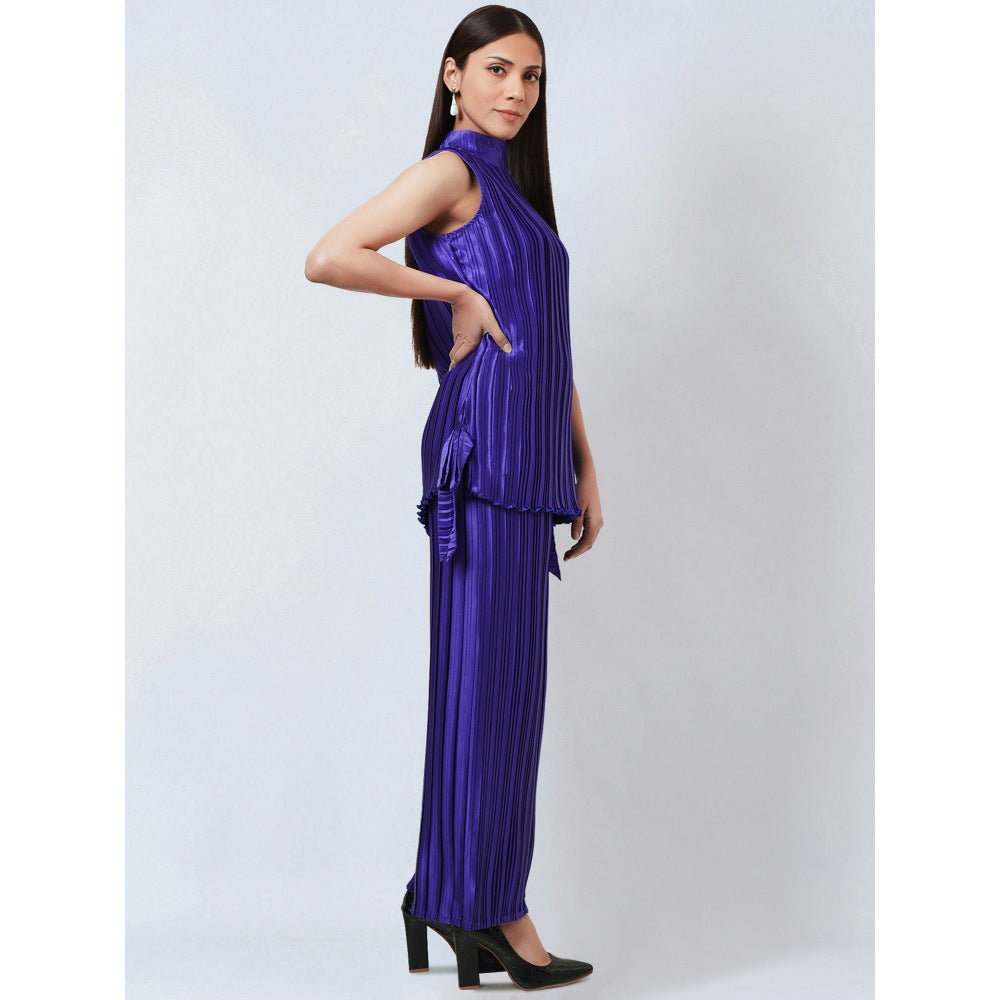 First Resort by Ramola Bachchan Purple Sleeveless Turtle Neck Box Pleated Top