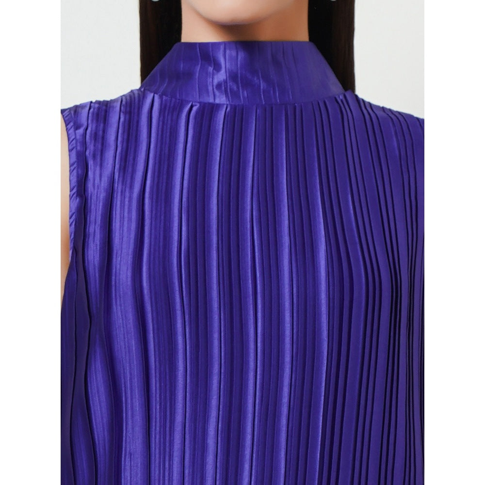 First Resort by Ramola Bachchan Purple Sleeveless Turtle Neck Box Pleated Top
