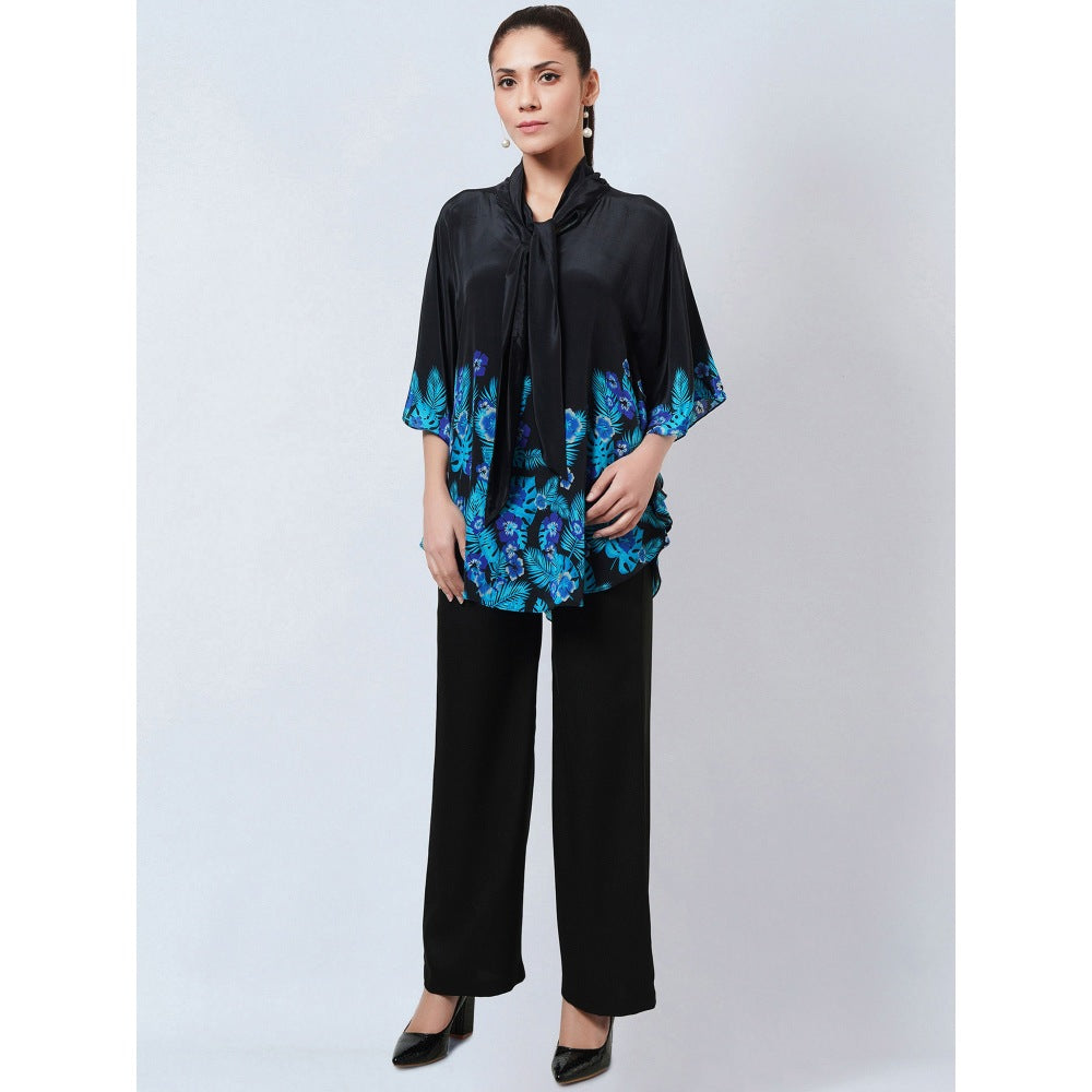 First Resort by Ramola Bachchan Black & Blue Floral Bow Tie Top