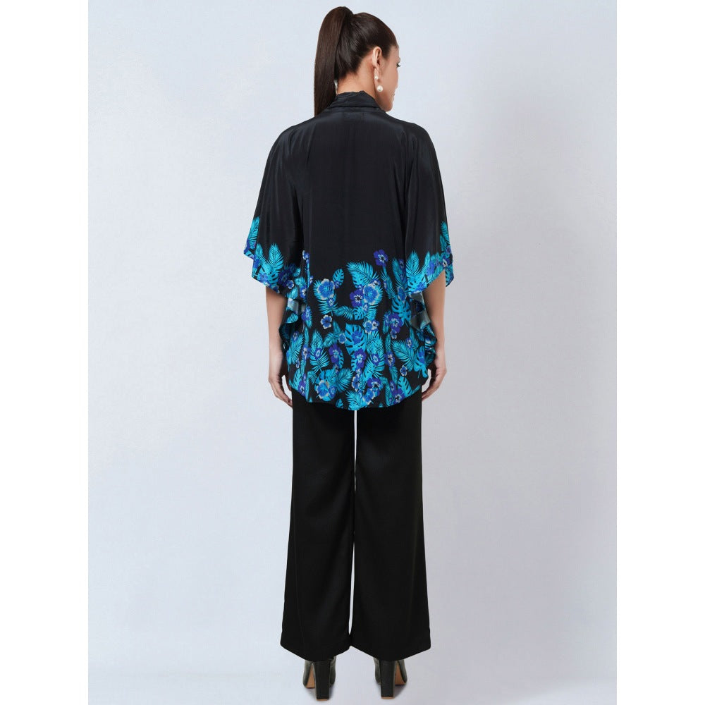 First Resort by Ramola Bachchan Black & Blue Floral Bow Tie Top