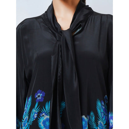 First Resort by Ramola Bachchan Black & Blue Floral Bow Tie Top