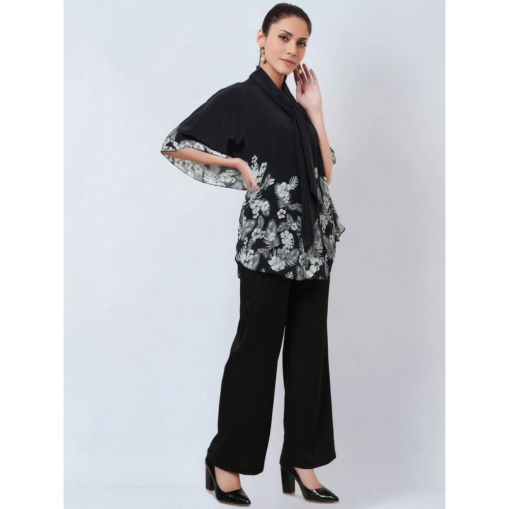 First Resort by Ramola Bachchan Black & White Floral Bow Tie Top