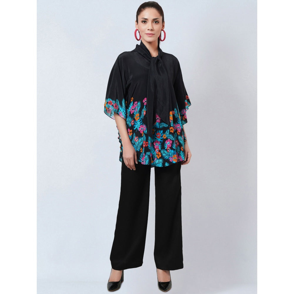 First Resort by Ramola Bachchan Black & Pink Floral Bow Tie Top