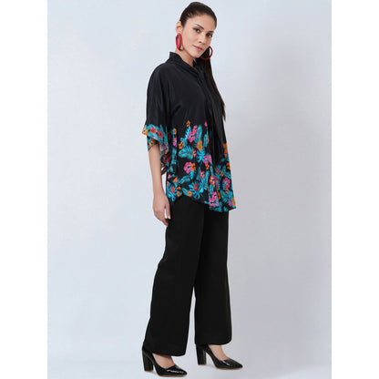 First Resort by Ramola Bachchan Black & Pink Floral Bow Tie Top