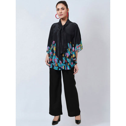 First Resort by Ramola Bachchan Black & Yellow Floral Bow Tie Top