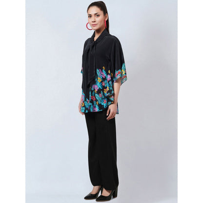 First Resort by Ramola Bachchan Black & Yellow Floral Bow Tie Top