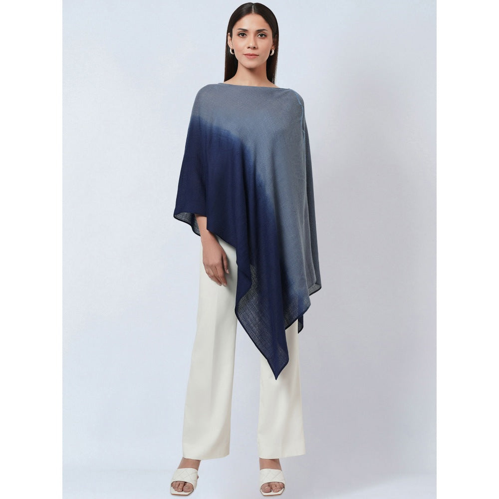First Resort by Ramola Bachchan Navy Blue Ombre Asymmetrical Embellished Cashmere Poncho