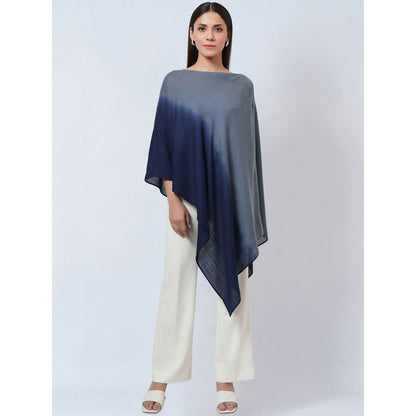 First Resort by Ramola Bachchan Navy Blue Ombre Asymmetrical Embellished Cashmere Poncho
