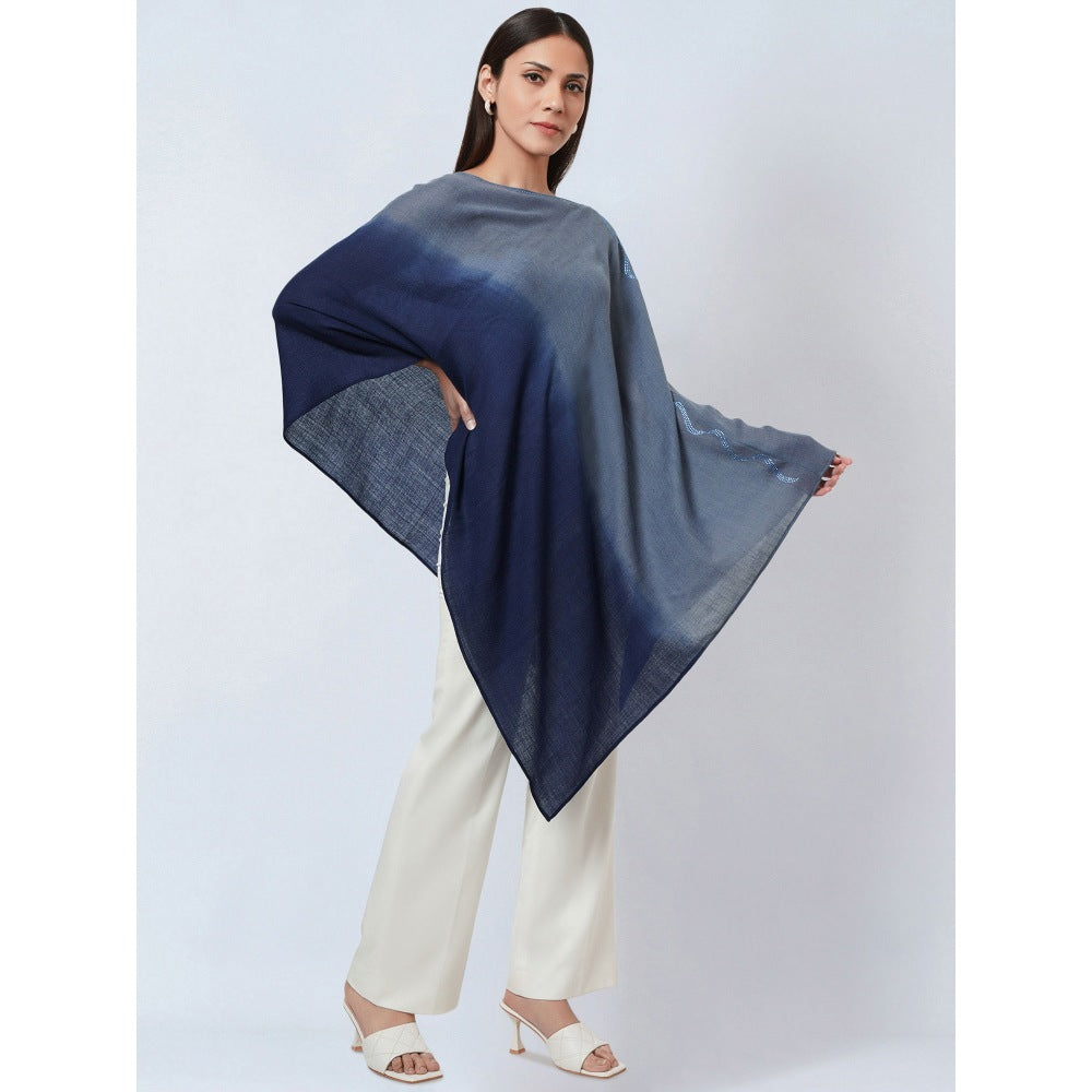 First Resort by Ramola Bachchan Navy Blue Ombre Asymmetrical Embellished Cashmere Poncho
