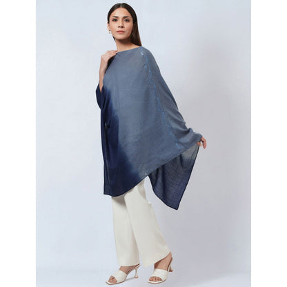 First Resort by Ramola Bachchan Navy Blue Ombre Asymmetrical Embellished Cashmere Poncho