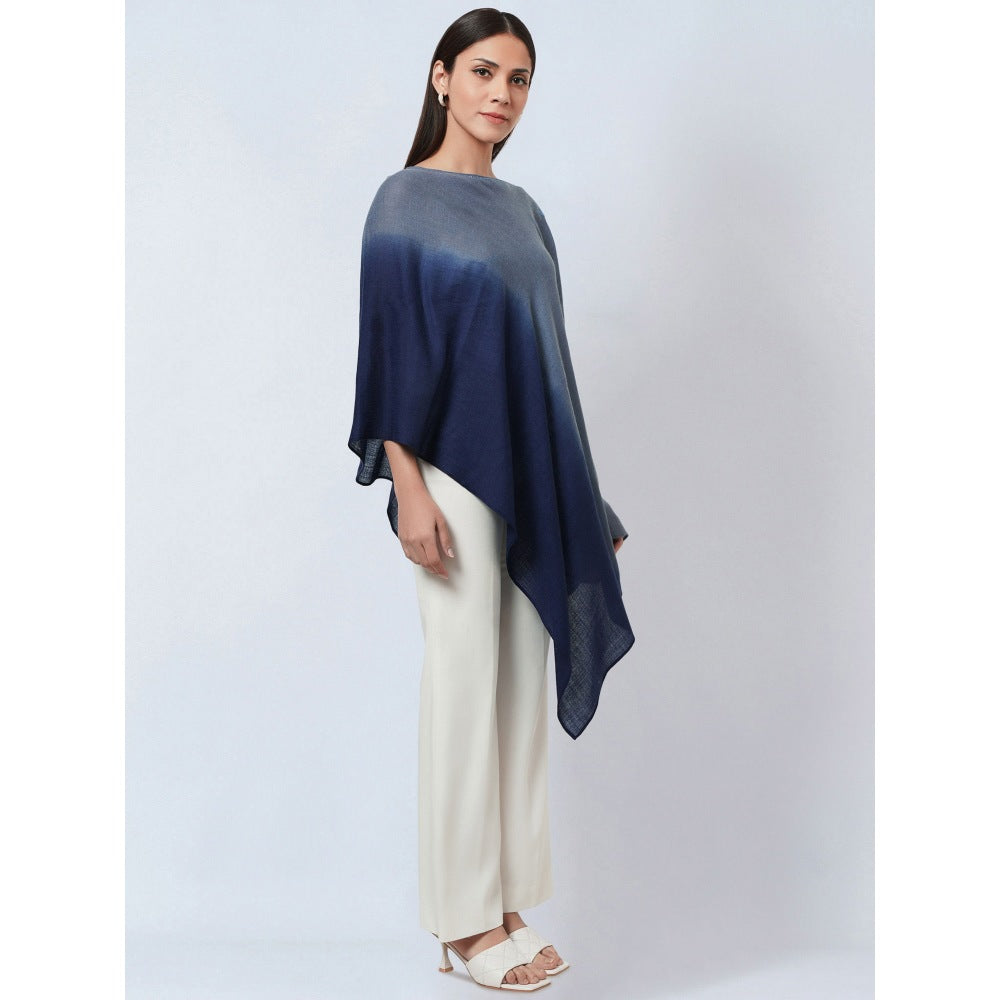 First Resort by Ramola Bachchan Navy Blue Ombre Asymmetrical Embellished Cashmere Poncho