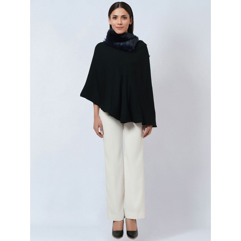 First Resort by Ramola Bachchan Black Asymmetrical Fur Collar Cashmere Poncho