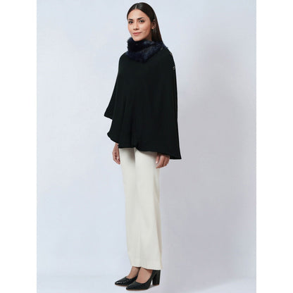 First Resort by Ramola Bachchan Black Asymmetrical Fur Collar Cashmere Poncho