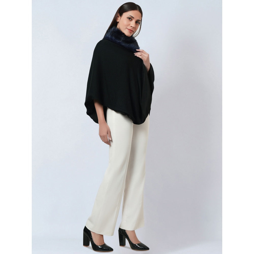 First Resort by Ramola Bachchan Black Asymmetrical Fur Collar Cashmere Poncho