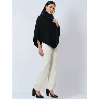 First Resort by Ramola Bachchan Black Asymmetrical Fur Collar Cashmere Poncho