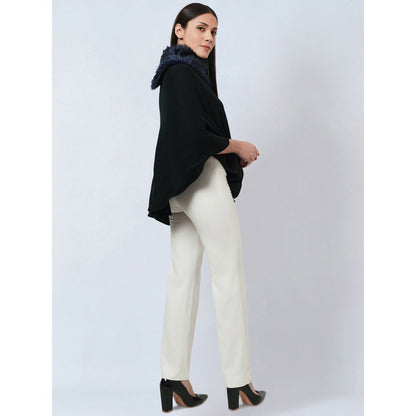 First Resort by Ramola Bachchan Black Asymmetrical Fur Collar Cashmere Poncho