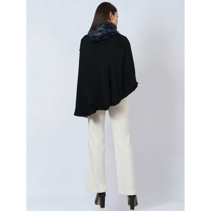 First Resort by Ramola Bachchan Black Asymmetrical Fur Collar Cashmere Poncho