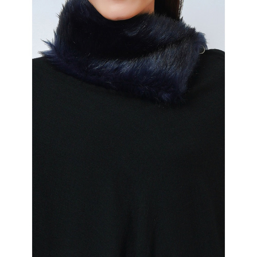 First Resort by Ramola Bachchan Black Asymmetrical Fur Collar Cashmere Poncho