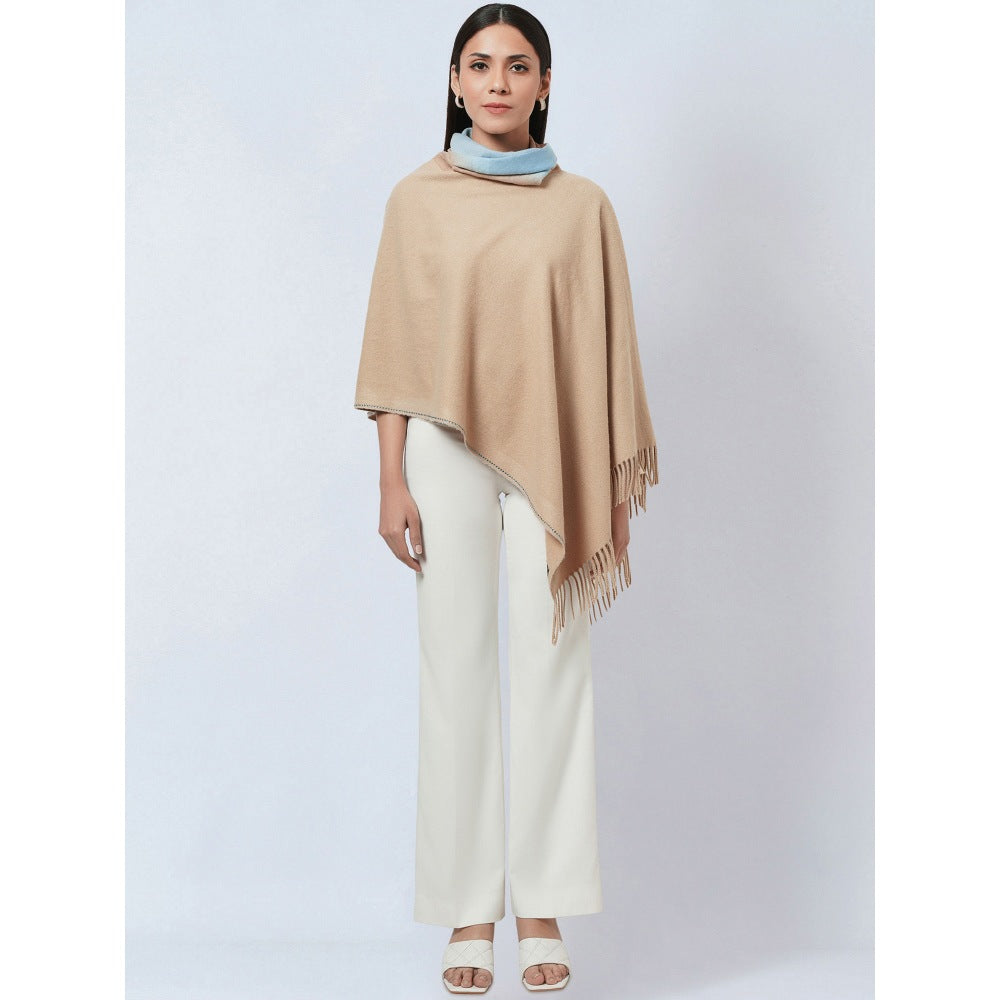 First Resort by Ramola Bachchan Beige Asymmetrical Cowl Neck Embellished Cashmere Poncho
