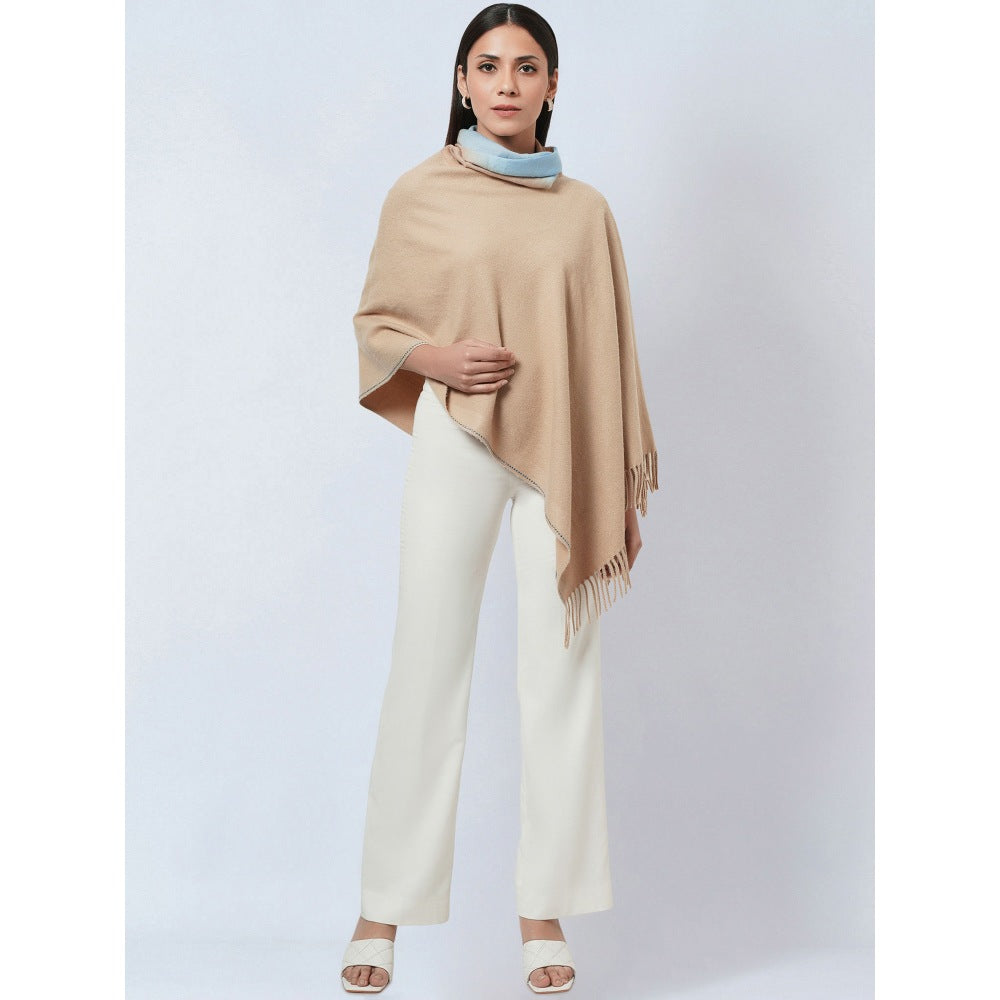 First Resort by Ramola Bachchan Beige Asymmetrical Cowl Neck Embellished Cashmere Poncho