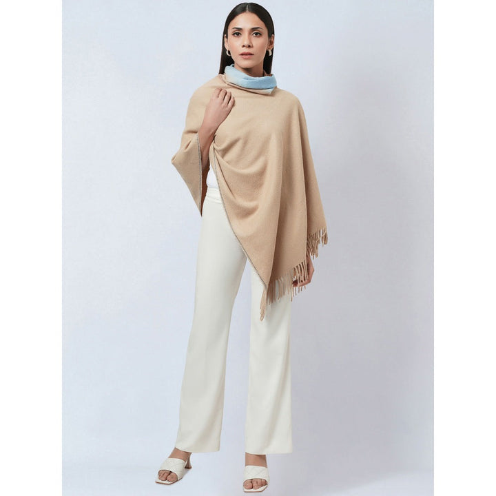 First Resort by Ramola Bachchan Beige Asymmetrical Cowl Neck Embellished Cashmere Poncho