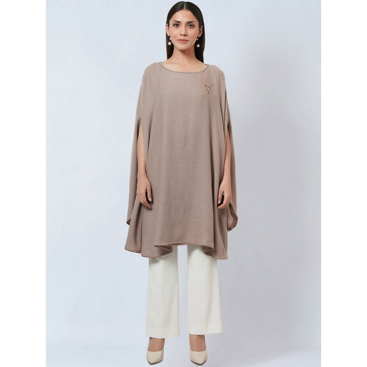 First Resort by Ramola Bachchan Taupe Embellished Long Cashmere Poncho