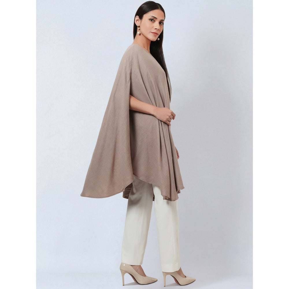 First Resort by Ramola Bachchan Taupe Embellished Long Cashmere Poncho