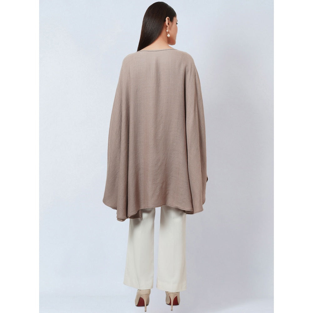 First Resort by Ramola Bachchan Taupe Embellished Long Cashmere Poncho