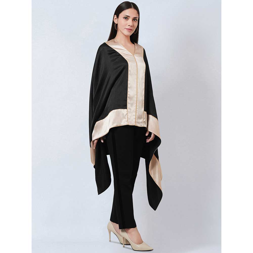 First Resort by Ramola Bachchan Black Satin Asymmetrical Top with Gold Border