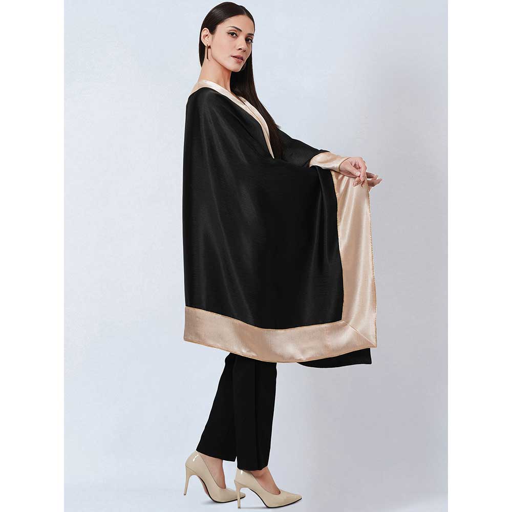 First Resort by Ramola Bachchan Black Satin Asymmetrical Top with Gold Border