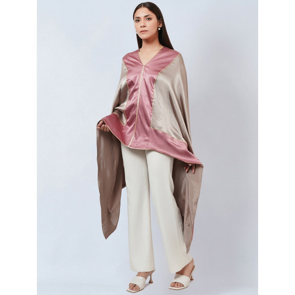 First Resort by Ramola Bachchan Grey Satin Asymmetrical Top with Dusty Rose Border