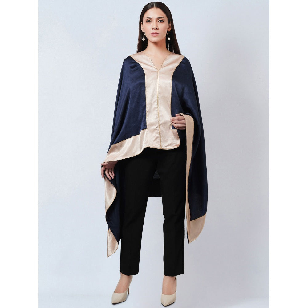 First Resort by Ramola Bachchan Navy Blue Satin Asymmetrical Top with Gold Border