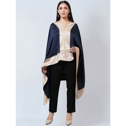 First Resort by Ramola Bachchan Navy Blue Satin Asymmetrical Top with Gold Border