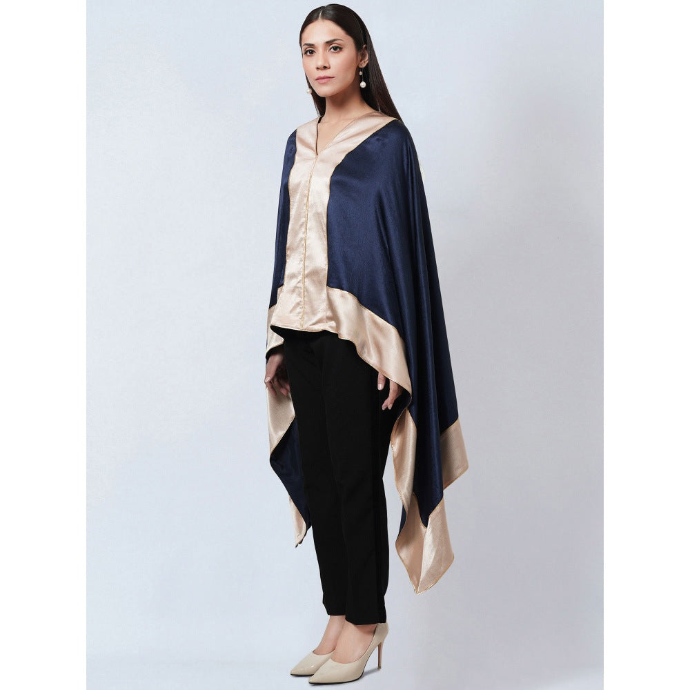 First Resort by Ramola Bachchan Navy Blue Satin Asymmetrical Top with Gold Border