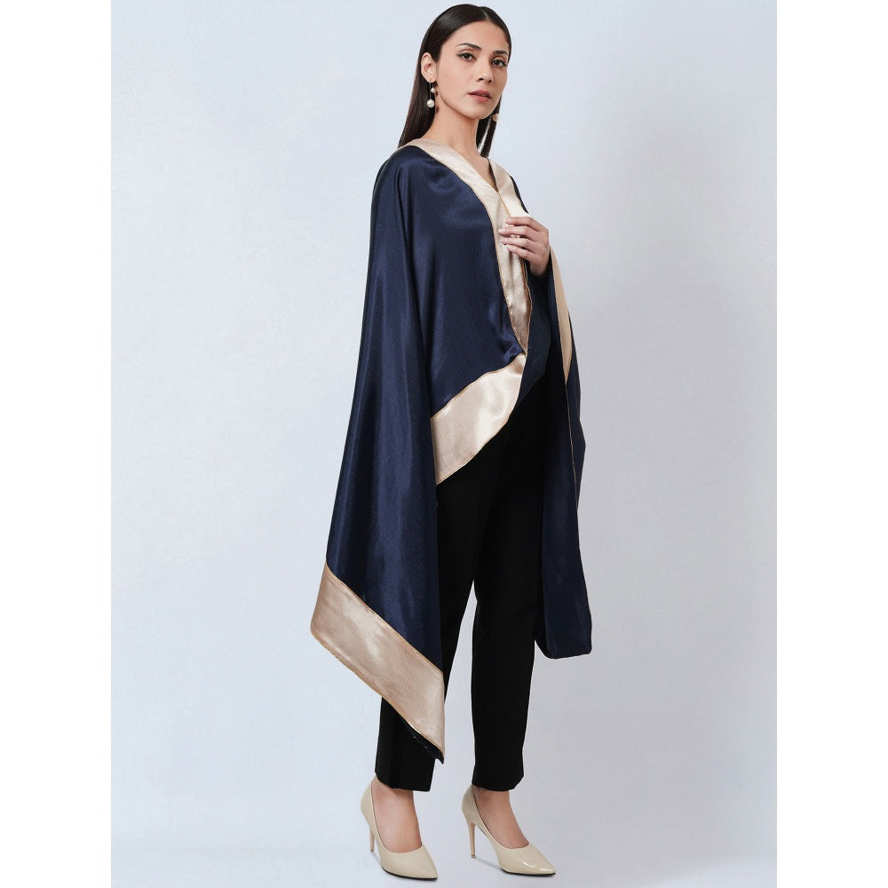 First Resort by Ramola Bachchan Navy Blue Satin Asymmetrical Top with Gold Border