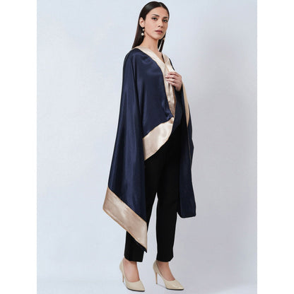 First Resort by Ramola Bachchan Navy Blue Satin Asymmetrical Top with Gold Border