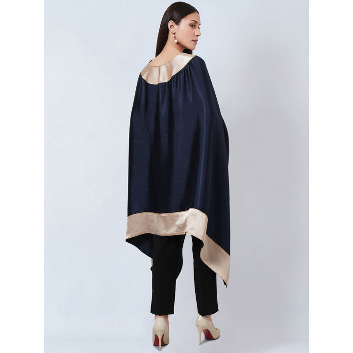 First Resort by Ramola Bachchan Navy Blue Satin Asymmetrical Top with Gold Border