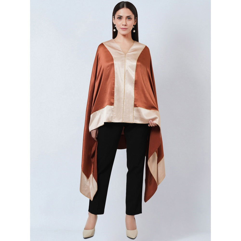 First Resort by Ramola Bachchan Rust Satin Asymmetrical Top with Gold Border