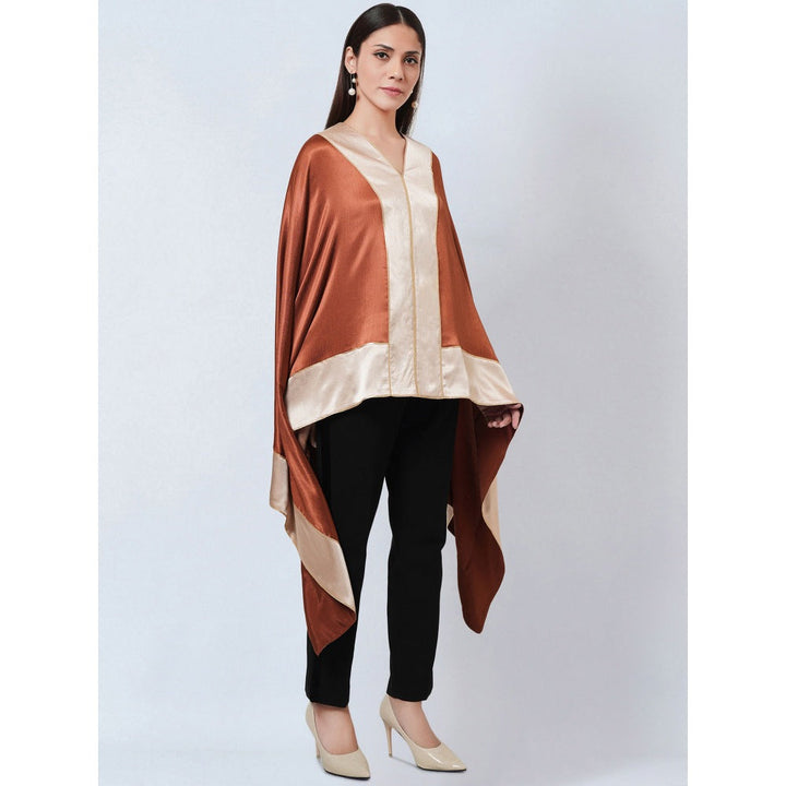 First Resort by Ramola Bachchan Rust Satin Asymmetrical Top with Gold Border