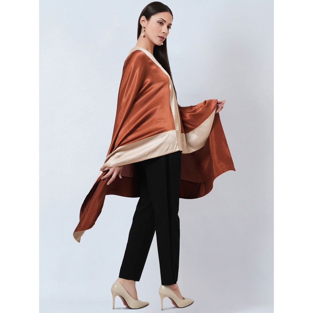 First Resort by Ramola Bachchan Rust Satin Asymmetrical Top with Gold Border