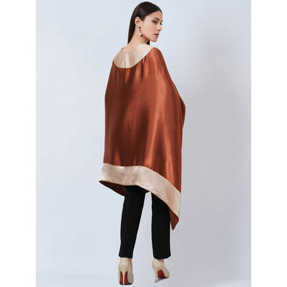 First Resort by Ramola Bachchan Rust Satin Asymmetrical Top with Gold Border
