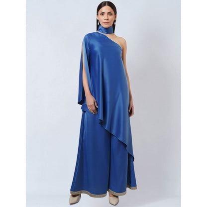 First Resort by Ramola Bachchan Azure Blue One Shoulder Asymmetric Top