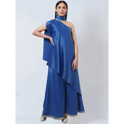 First Resort by Ramola Bachchan Azure Blue One Shoulder Asymmetric Top