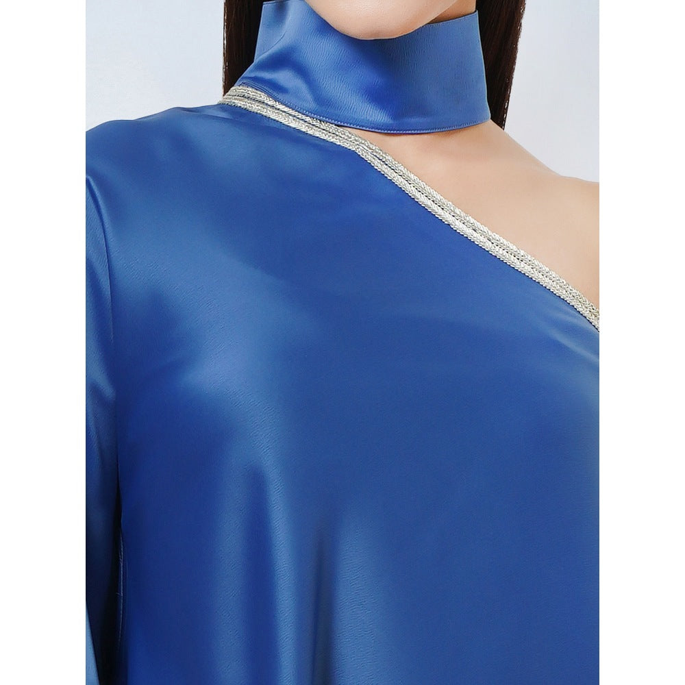 First Resort by Ramola Bachchan Azure Blue One Shoulder Asymmetric Top