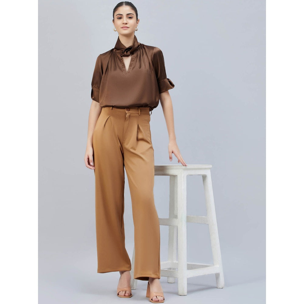 First Resort by Ramola Bachchan Brown Twisted Embellished Satin Shirt